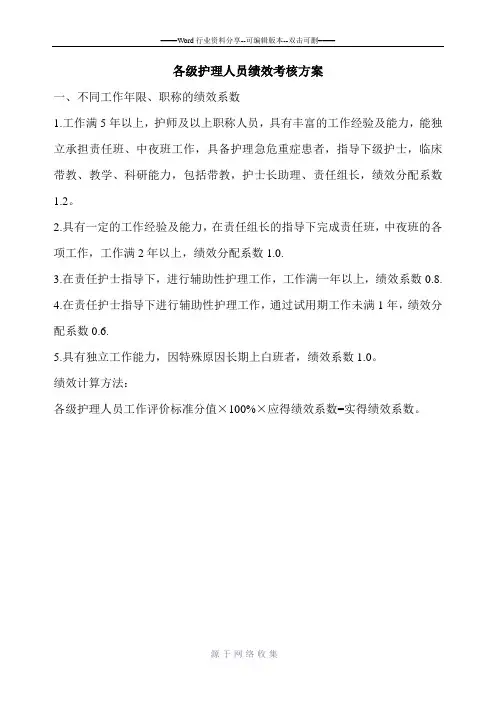 各级护理人员绩效考核方案