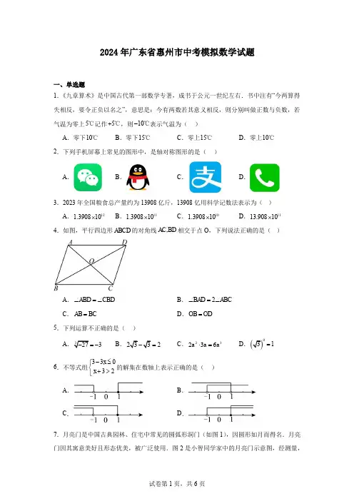 2024年广东省惠州市中考模拟数学试题