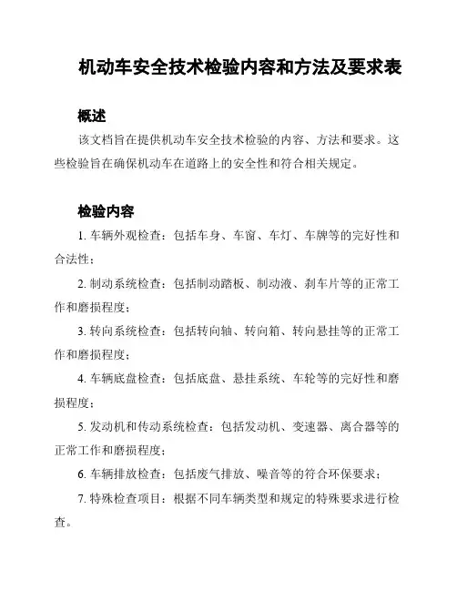 机动车安全技术检验内容和方法及要求表