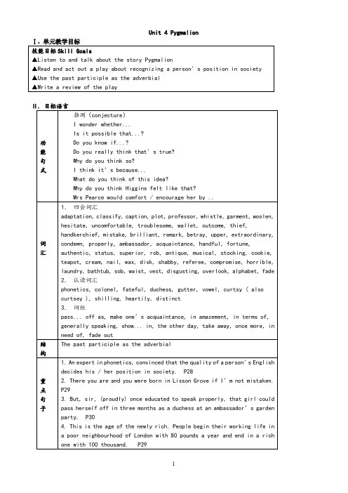 优质新人教版高中英语选修8Unit 4 Pygmalion 单元教案