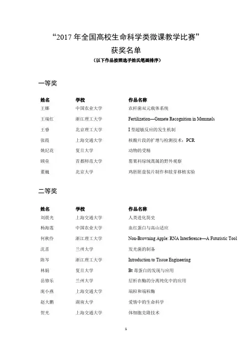 2017高校生命科学类微课比赛获奖结果