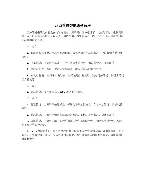 压力管道类别级别品种