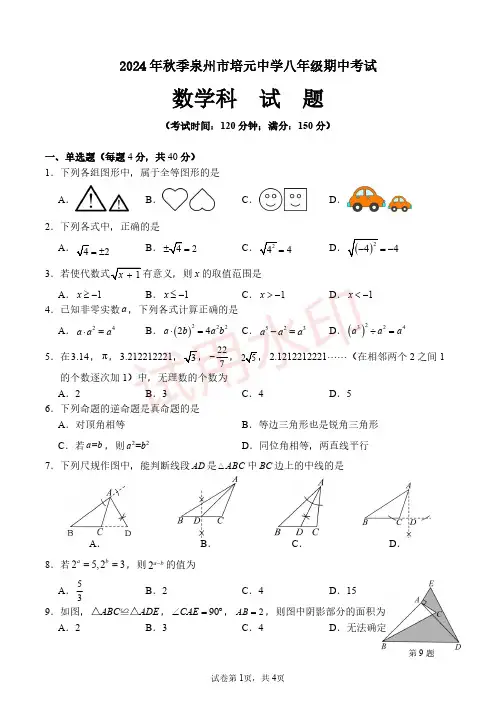 福建泉州培元中学2024年八年级上学期11月期中考试数学试题