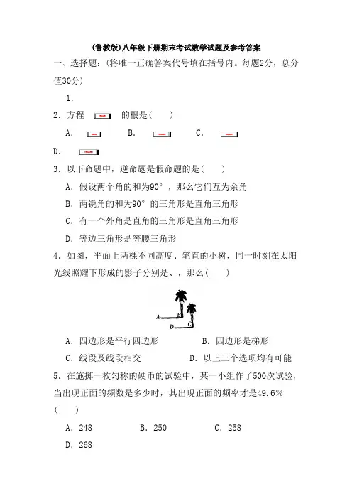 鲁教版八年级下册期末考试数学试题及参考答案