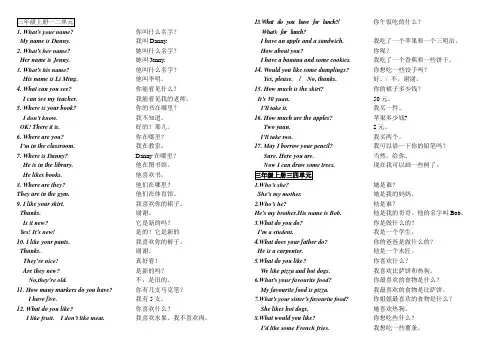 人教版小学英语分册毕业考试重点(1年级-6年级复习重点)