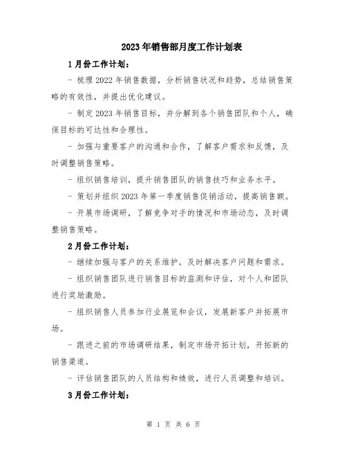 2023年销售部月度工作计划表 