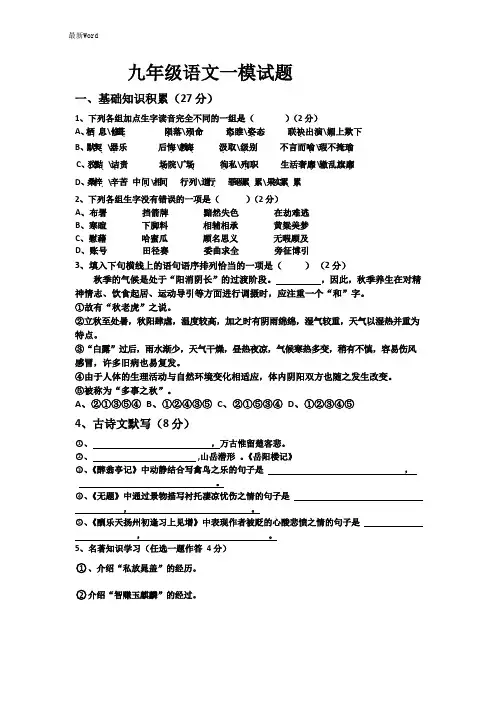 河南省2020年九年级语文下学期一模试题
