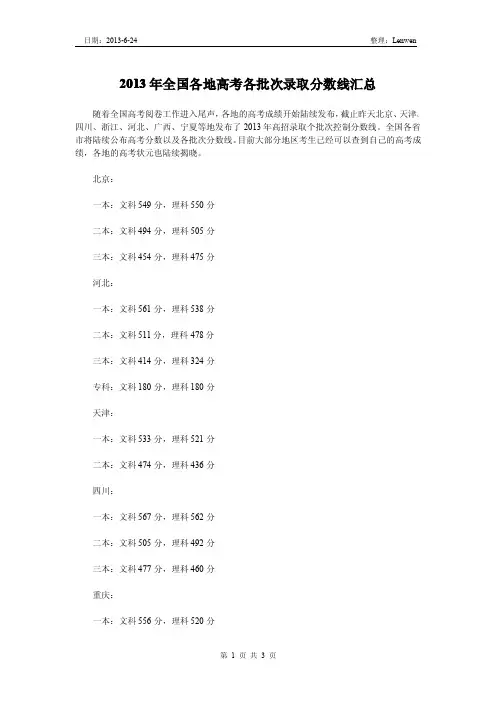 2013年全国各地高考各批次录取分数线汇总