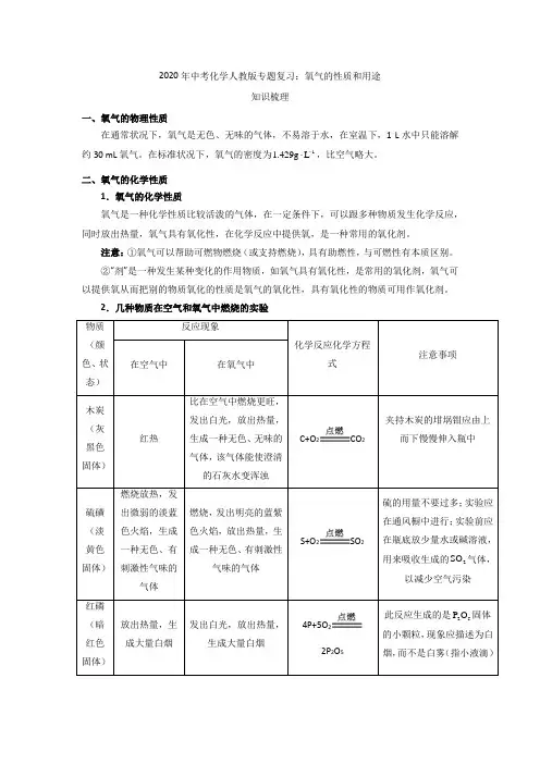 2020年中考化学人教版专题复习：氧气的性质和用途
