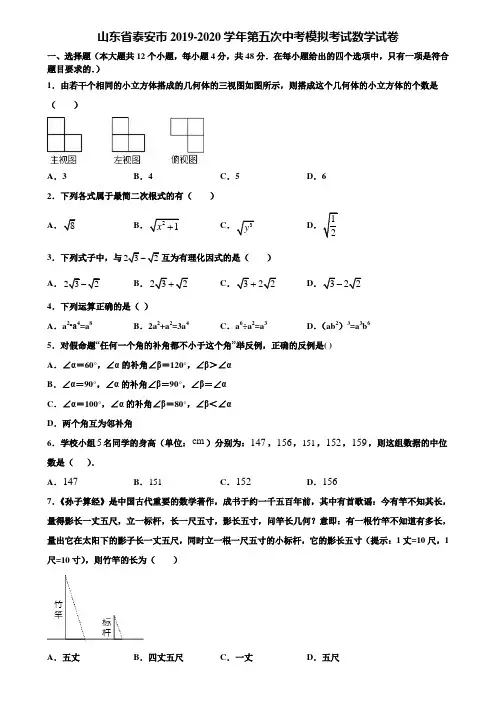 山东省泰安市2019-2020学年第五次中考模拟考试数学试卷含解析