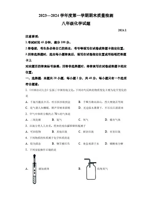 山东省潍坊市潍城区2023-2024学年八年级上学期期末化学试题(含解析)