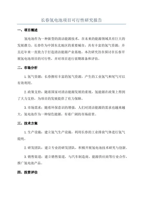 长春氢电池项目可行性研究报告