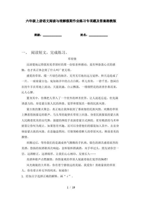 六年级上册语文阅读与理解假期作业练习专项题及答案湘教版