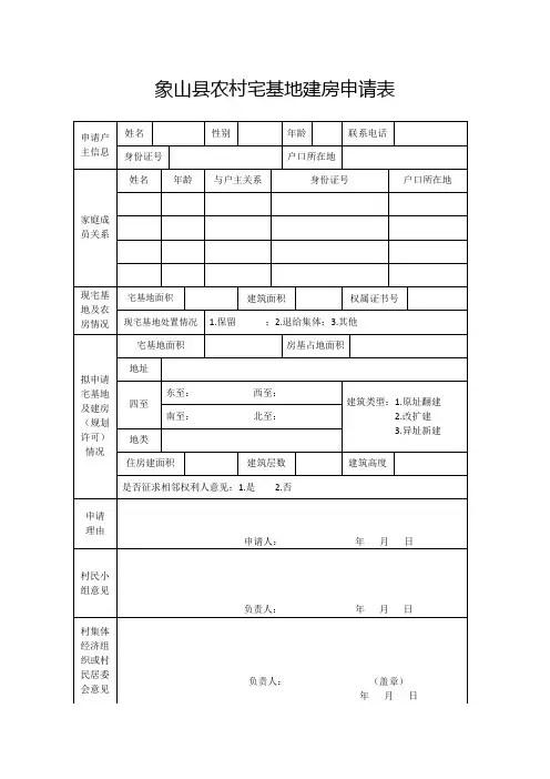 象山县农村宅基地建房申请表