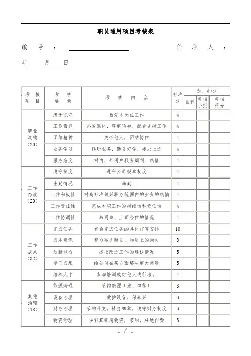 员工服务培训考核表汇编