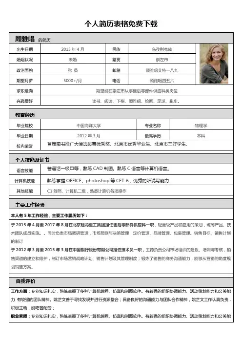 个人简历表格免费下载