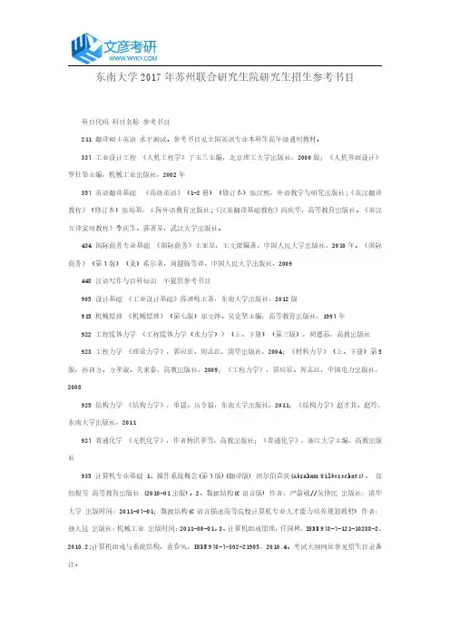东南大学2017年苏州联合研究生院研究生招生参考书目