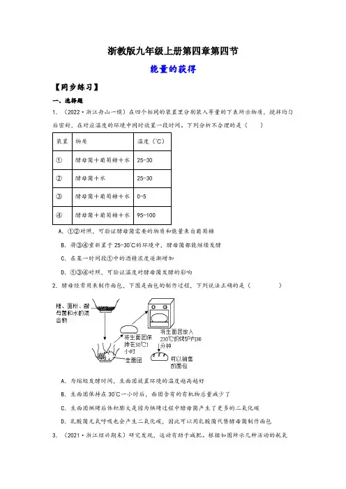 浙教版九年级科学上册讲练课堂4.4能量的获得(练习)(原卷版+解析)
