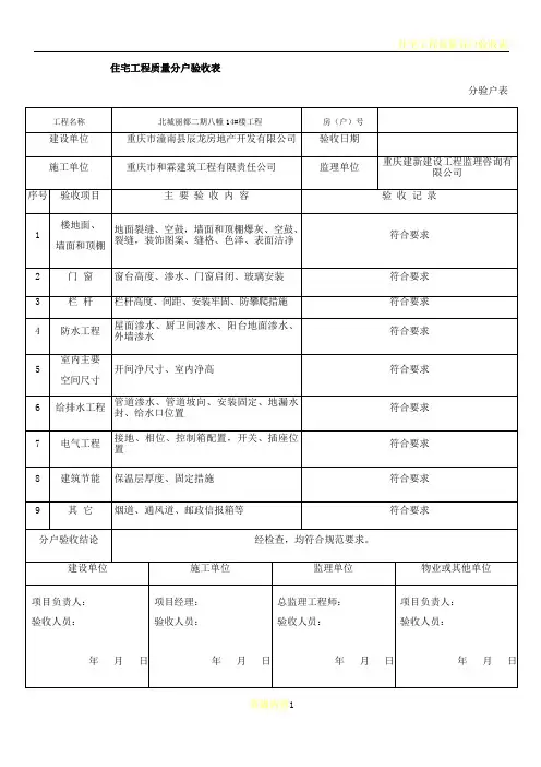 住宅工程质量分户验收表