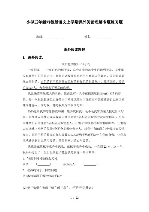 小学五年级湘教版语文上学期课外阅读理解专题练习题