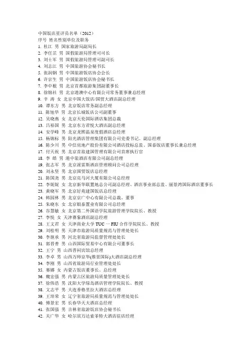 2012年国家饭店星评员名单(