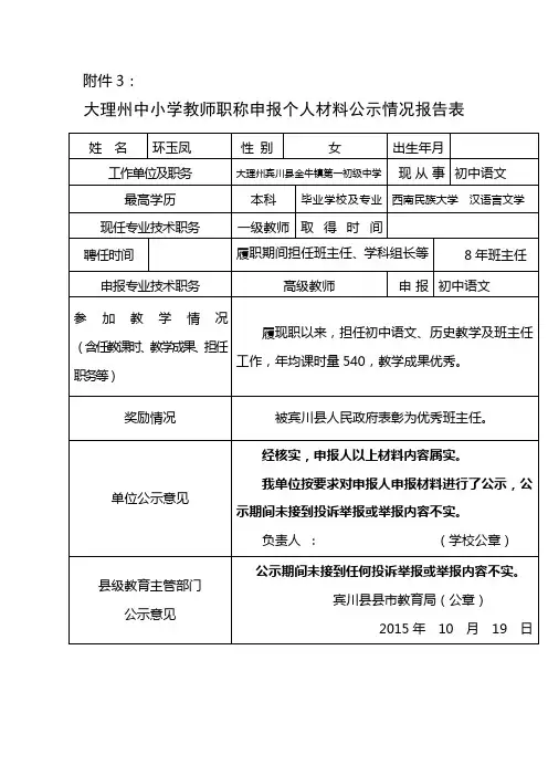 教师职称申报个人材料公示情况报告表