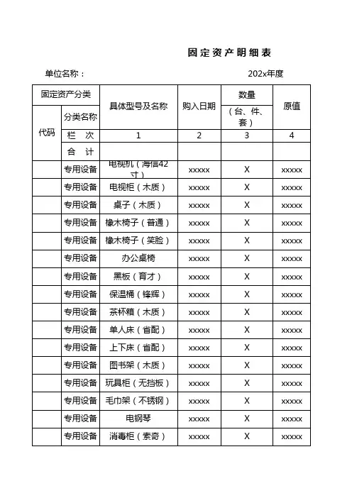 幼儿园资产登记表