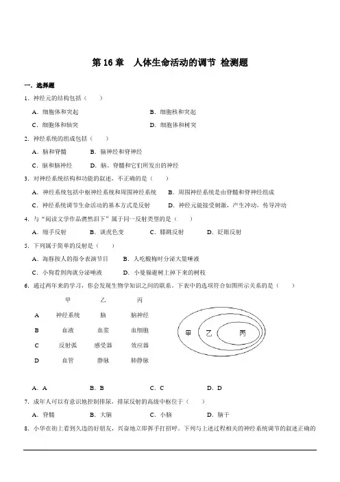 苏科版八年级上册生物 第16章 人体生命活动的调节 检测题(含答案)