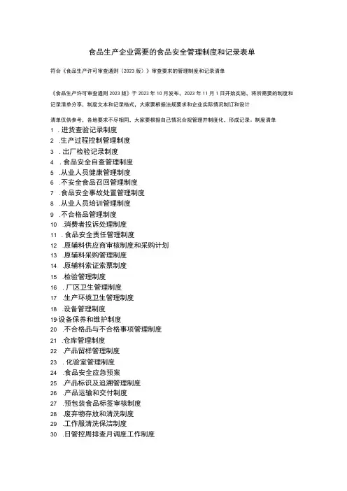食品生产企业需要的食品安全管理制度和记录表单