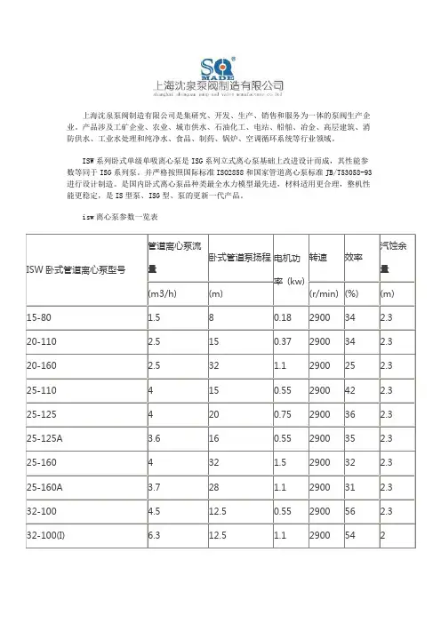 isw离心泵参数一览表