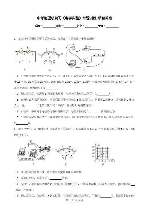 中考物理总复习《电学实验》专题训练-带有答案