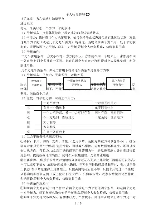 苏科版八下物理《九运动和力》知识要点