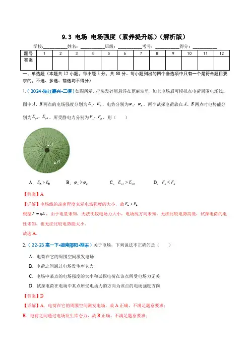 9.3 电场 电场强度(素养提升练)-分层作业(解析版)-2024-2025学年高一物理同步精讲练(