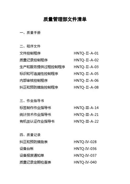 质量管理部文件清单