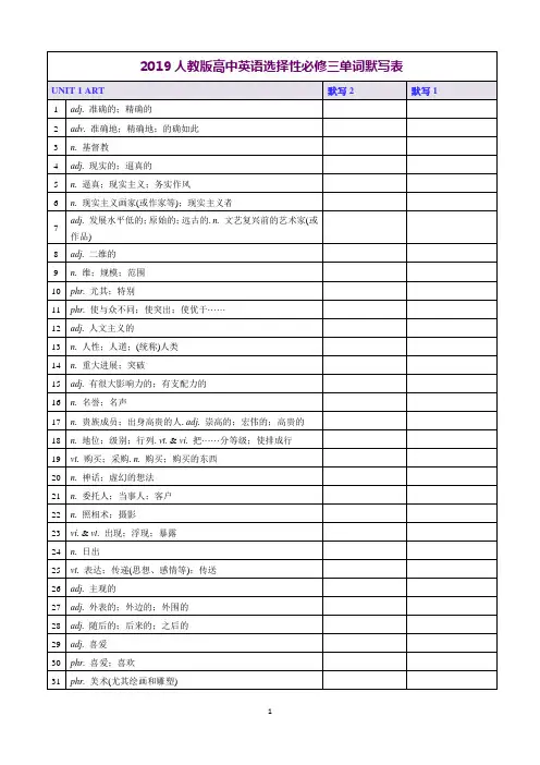 2019人教版高中英语选择性必修三单词默写表