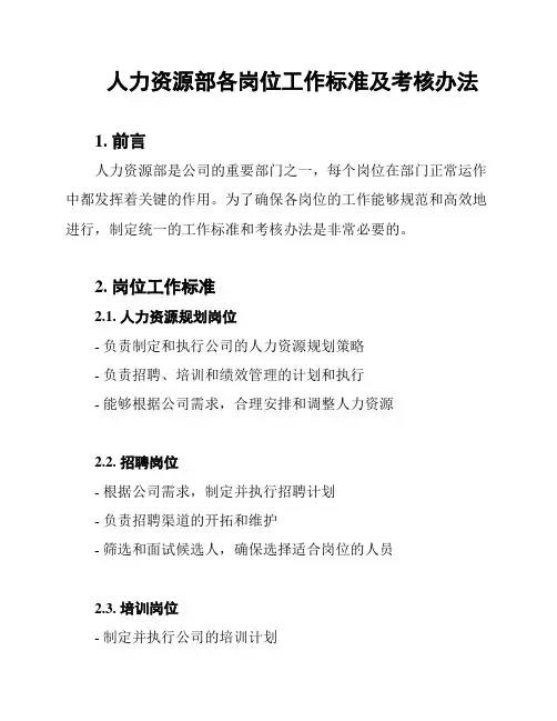 人力资源部各岗位工作标准及考核办法