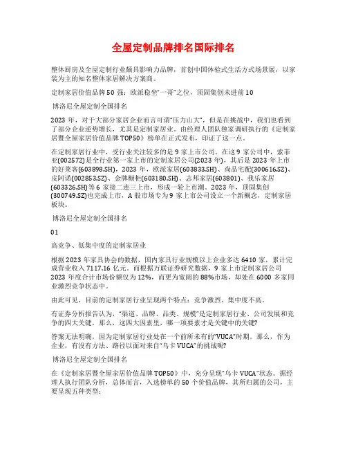 全屋定制品牌排名国际排名