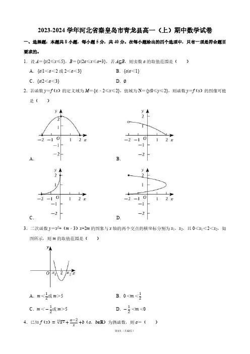 2023-2024学年河北省秦皇岛市青龙县高一(上)期中数学试卷【答案版】