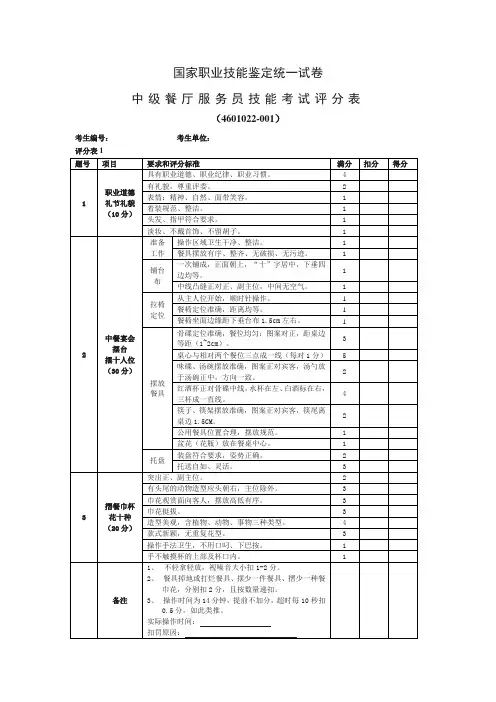 国家职业技能鉴定-中级餐厅服务员技能考核评分表