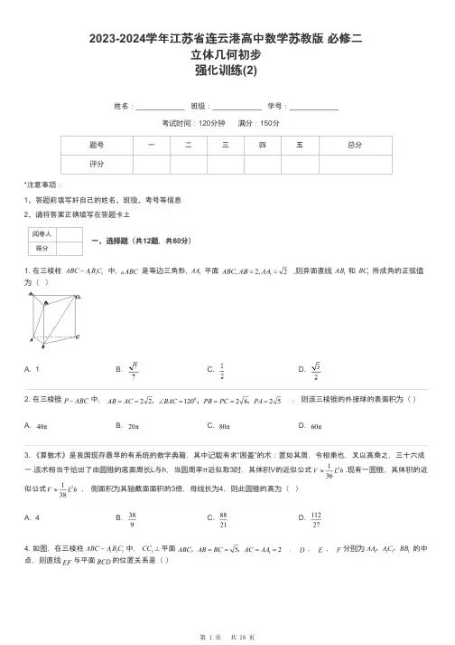2023-2024学年江苏省连云港高中数学苏教版 必修二立体几何初步强化训练-2-含解析