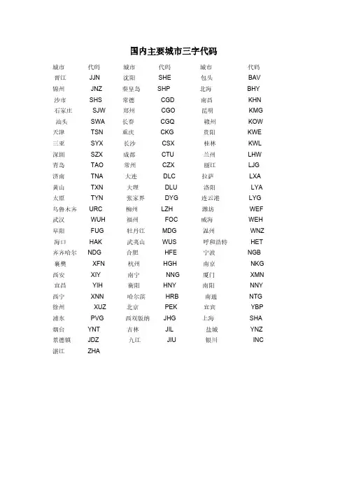 国内重要城市三字代码