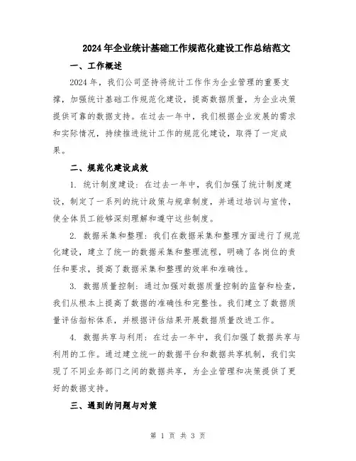 2024年企业统计基础工作规范化建设工作总结范文