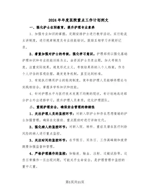 2024年年度医院重点工作计划例文（6篇）