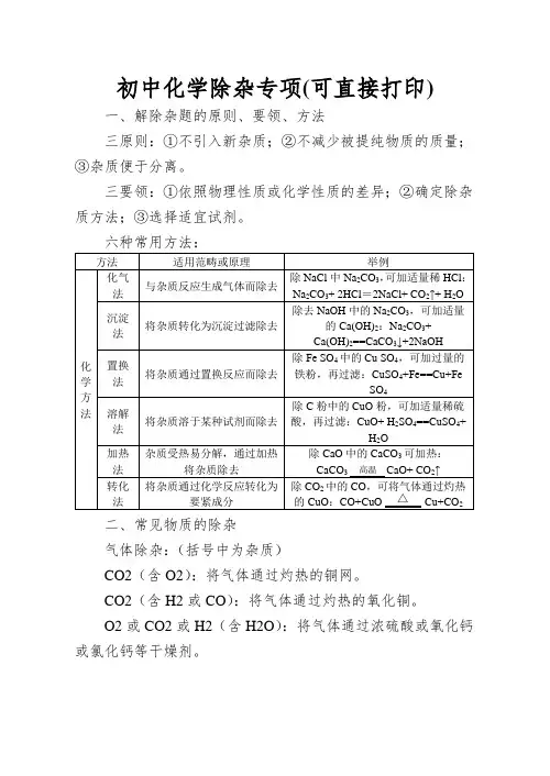 初中化学除杂专项