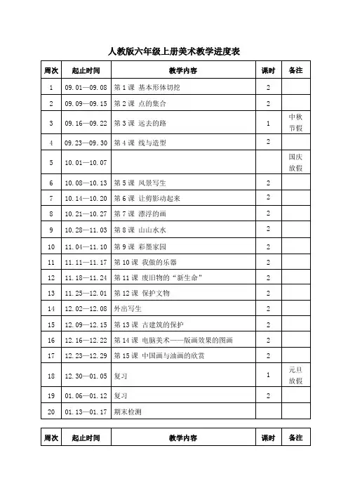人教版六年级上册美术教学进度表
