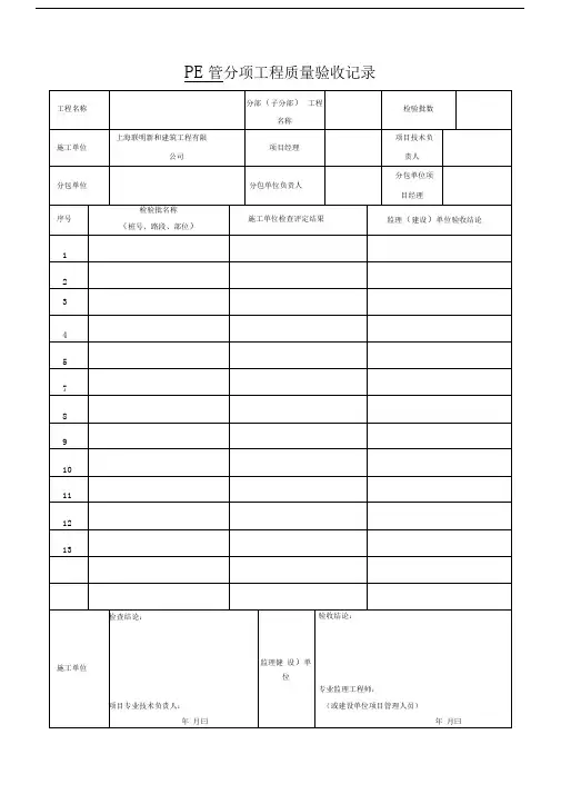 PE管施工分项工程质量验收表格总结