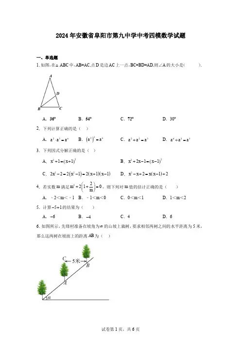 2024年安徽省阜阳市第九中学中考四模数学试题
