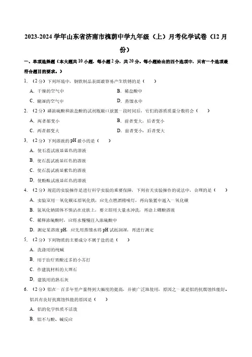 2023-2024学年山东省济南市槐荫中学九年级(上)月考化学试卷(12月份)(含答案)