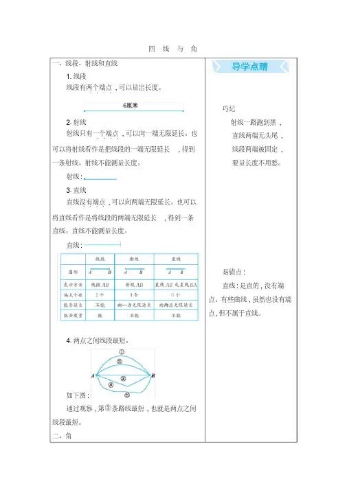 北京课改版四年级数学上册第四单元线与角知识点汇总