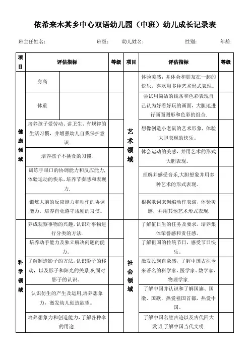 幼儿成长记录表中班